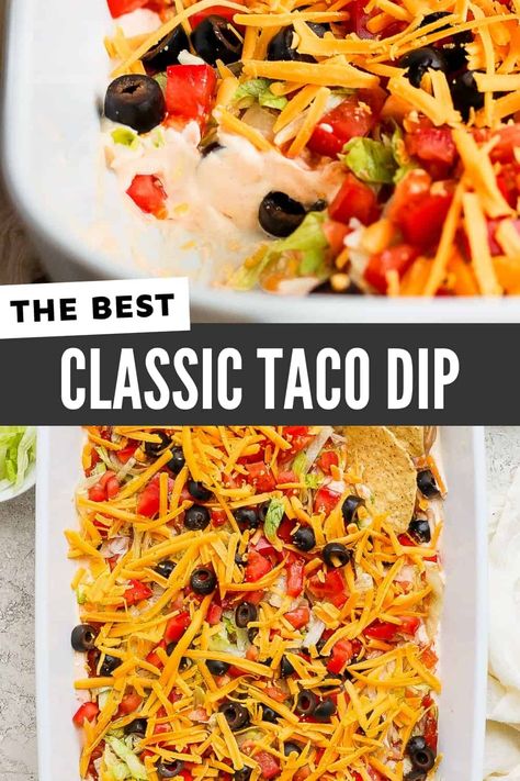 Whip up this easy taco dip in no time! It's a flavor-packed, easy-to-make dip that's perfect for parties and celebrations. With a creamy base of cream cheese, sour cream, and taco seasoning, plus all your favorite taco toppings, it's a quick and easy appetizer everyone will love. Best Taco Dip Recipe, Taco Salad Dip, Easy Taco Dip, Taco Dip Easy, Taco Dip Recipe, Taco Toppings, Sour Cream Dip, Plats Healthy, Taco Salad Recipes