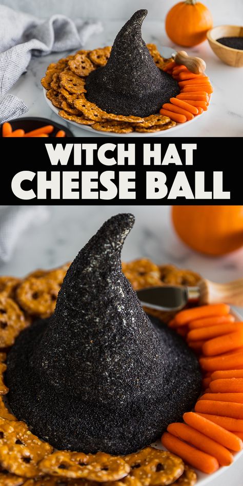 Halloween Foods For Party Easy, Essen, Witch Hat Appetizer, Halloween Cheeseball Recipes, Halloween Night Food Ideas, Witch Party Appetizers, Spooky Treats Savory, Halloween Cheese Board Ideas, Cheese Ball Recipes Halloween