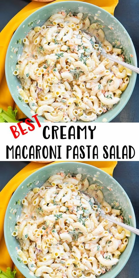 teal bowl filled with Creamy Macaroni Pasta Salad and spoon Salad For Picnic, Cold Pasta Salad Recipes Easy, Summer Pasta Salad Recipes Cold, Creamy Pasta Salad Dressing, Recipes With Elbow Noodles, Easy Cold Pasta Salad, Cold Pasta Recipes, Pasta Salad Dressing Recipe, Creamy Pasta Salad Recipe