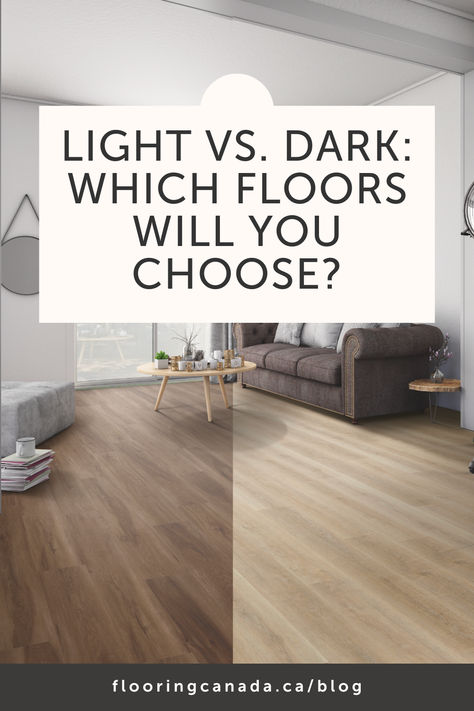 When shopping for new floors, one of the first things to consider is whether you prefer light or dark wood. The debate between dark and light floors has been around for a while, and that’s where our flooring professionals come in. They have the expertise to help you navigate all the important factors as you choose the perfect floor shade for your home. At Flooring Canada, we understand how meaningful these decisions are, so turn to your local showrooms to weigh the pros and cons. Natural Wood Flooring Ideas, Wood Floor Shades, Light Flooring Dark Trim, Light Vs Dark Vinyl Flooring, Light Vs Dark Flooring, Light Vs Dark Hardwood Floors, Light Or Dark Wood Floors, Timeless Flooring Colors, Dark Wood Floors Aesthetic