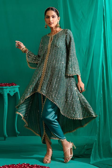 Buy Green Kurta Georgette Embroidery Ruffled Asymmetric Work With Tulip Pant For Women by Mustard Moon by Neyha and Vrinda Online at Aza Fashions. Georgette Kurta, Tulip Pants, Embroidered Jumpsuit, Floral Print Sarees, Pant For Women, Indian Dresses Traditional, Kurta Designs Women, Event Outfit, Sharara Set