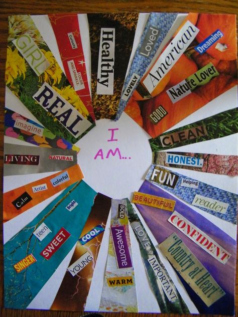 "I Am..."    Collage art projects     Supplies:     Cardstock   Sharpies    Tons of Magazines   Scissors and glue     Di... I Am Collage, Recreation Therapy, Art Therapy Projects, Collage Art Projects, Therapeutic Activities, Group Art, Art Therapy Activities, Activities For Adults, Group Therapy