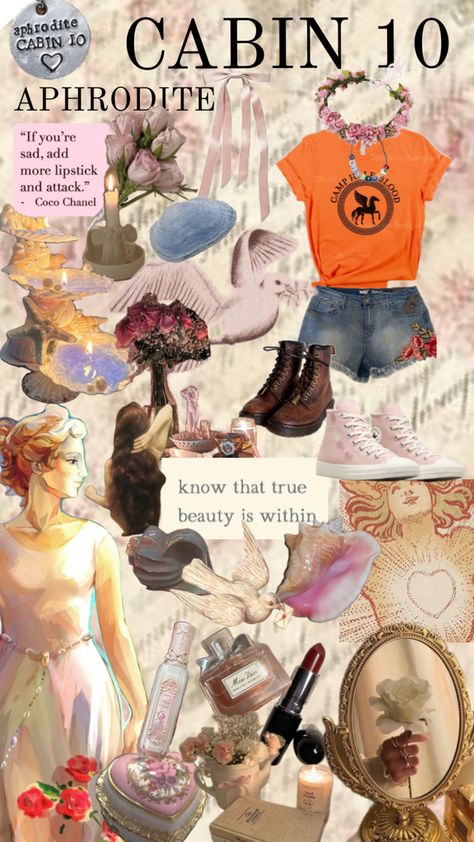 Cabin Outfits, Cabin Outfit, Aphrodite Cabin, Cabin 10, Percy Jackson Cabins, Aphrodite Aesthetic, Cabin Aesthetic, Piper Mclean, Percy Jackson Characters