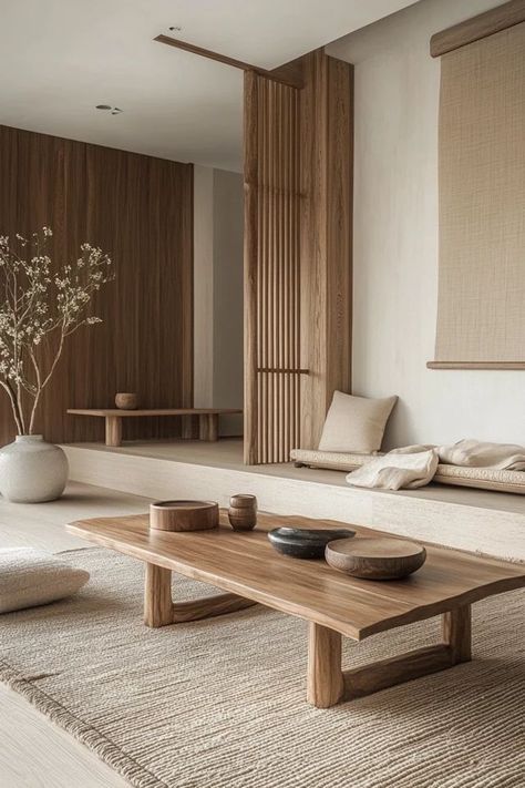 "Create a serene and balanced space with a Japandi Style Living Room! 🧘‍♂️🏡 Perfect for those who appreciate clean lines, neutral tones, and natural materials. 🌟✨ #JapandiLiving #ScandinavianDecor #InteriorDesign" Japandi High Ceiling Living Room, Japandi Entertainment Room, Neutral Tone House Interior, Living Room Tv Wall Japandi, Neutral Tone Interior Design, Japandi Living Room Dark Sofa, Japandi Sitting Room, Japandi Mediterranean Interior, Small Japandi Living Room Design