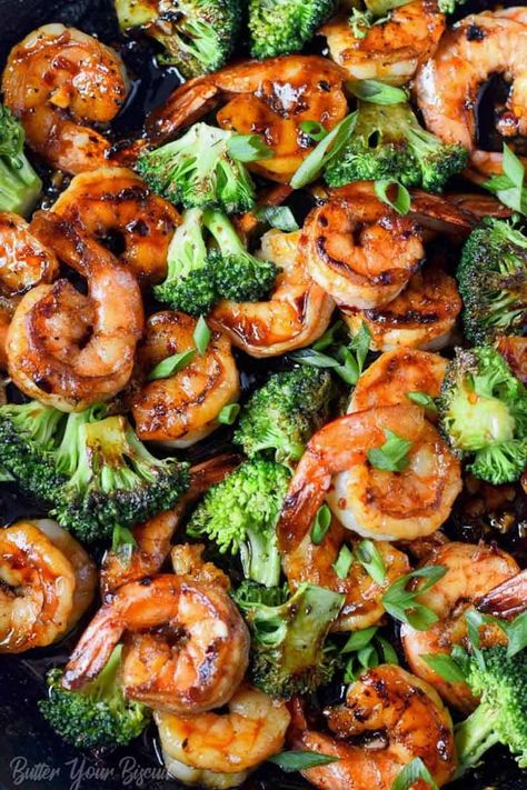 Honey Garlic Butter Shrimp and Broccoli | Butter Your Biscuit Garlic Butter Shrimp And Broccoli, Honey Garlic Butter Shrimp, Broccoli Butter, Hot Garlic Sauce, Broccoli Sausage, Sweet Chili Shrimp, Honey Shrimp, Make Garlic Butter, Salmon Recipes Baked Healthy