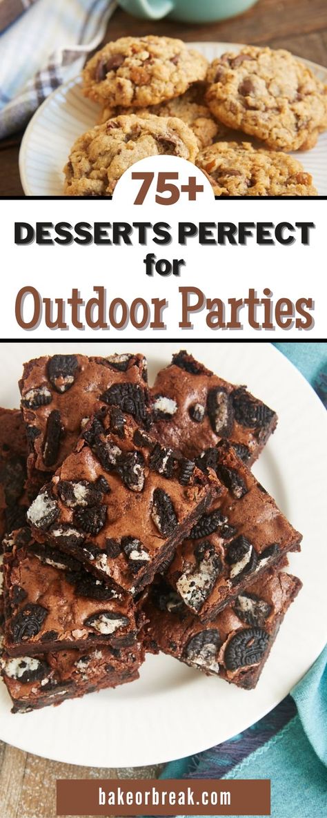 Need some cookout and picnic dessert ideas? These desserts for outdoor parties don’t need refrigeration and won’t get messy in warm weather! This collection of desserts for outdoor parties will serve you well throughout these warm weather months. They don't need refrigeration, they won't melt and they are easily portable. Summer Outdoor Desserts, Picnic Dessert Ideas, Summer Cookout Desserts, Summer Picnic Desserts, Quick Summer Desserts, Picnic Dessert, Cookout Desserts, Portable Dessert, Picnic Desserts