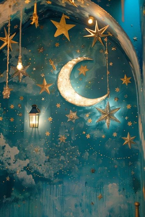 Soraya Core, Whimsical House Decor, Celestial Bedroom Aesthetic, Celestial Bedroom Decor, Zodiac Bedroom, Whimsical Decor Home, Creative Wall Painting Ideas, Stars Bedroom, Celestial Birthday