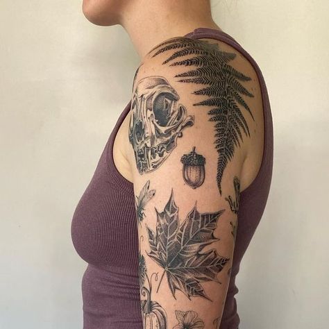 Nature Inspired Patchwork Tattoos, Nature Shoulder Cap Tattoo, Fern Half Sleeve Tattoo, Patchwork Tattoo Plants, Nature Patch Work Tattoo, Granola Tattoo Sleeve, Plant Patchwork Sleeve Tattoo, Cohesive Patchwork Sleeve Tattoo, Nature Tattoo Cover Up