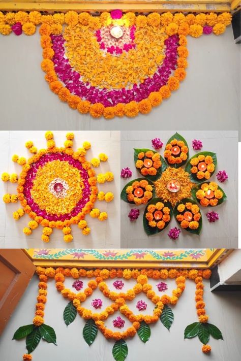 Easy Floral Rangoli Designs, Ganesh Flower Rangoli, Flower And Color Rangoli, Corner Rangoli Designs With Flowers, Corner Flower Rangoli, Onam Rangoli Flower, Welcome Rangoli With Flowers, Floral Rangoli Designs Diwali, Flower Rangoli Designs Ideas Beautiful