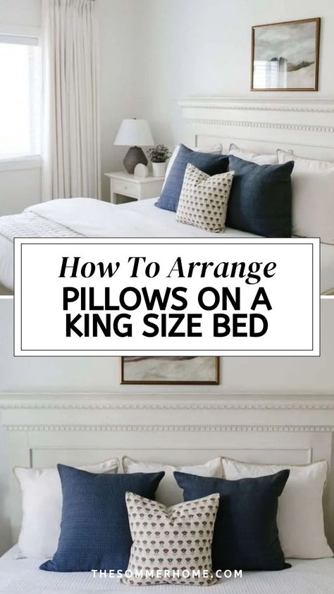 Create a luxurious and inviting bed with our tips on how to Arrange Bed Pillows on a king size bed. Explore Beds With Pillows Ideas that add elegance to your space, and find out What Size Throw Pillows For King Bed will complete the look perfectly. Pillows For King Bed, King Size Bed Pillow Arrangement, Beds With Pillows, Bedroom Pillows Arrangement, Throw Pillow Arrangement, Bed Pillows King, Bed Pillow Arrangement, Pillows Ideas, King Bedding