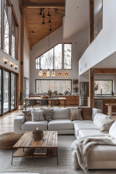 Rustic Modern Open Concept, Interior Design Long Living Room, Modern Cozy Living Room Open Concept, Simple Elegant Interior Design, Mountain Concept Interior Design, Light And Airy Apartment Decor, Wooden Floor Ideas Living Rooms, Scandifornian Interior Design, Open Plan Living Room Decor