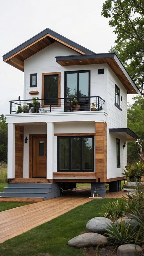 Discover modern tiny house ideas with stunning design, floor plans, layout options, and small homes designs. Explore interior design concepts for small homes, including floor plans, interior design, loft layouts, and exterior design ideas. Plan your dream tiny home that maximizes space and style. Tiny House For Family Of 4, Row House Floor Plan, Small House Aesthetic, Loft House Exterior, Small Rest House Design, Tiny Modern House, Tiny House Exterior Ideas, Small Apartment Building Plans, Small Cabin Floor Plans