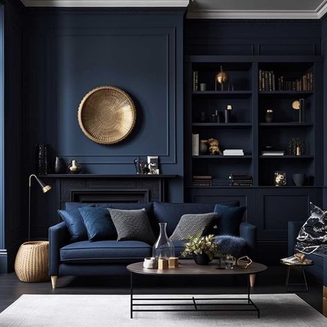 Living Room Inspiration Navy Blue, Dark Blue Wall Color Paint Colours, Navy Paint Living Room, Deep Blue Walls Living Room, Dark Blue Gold Living Room, Home Living Room Colors, Dark Blue Study Room, Dark Colour Living Room Ideas, Navy Living Rooms Ideas