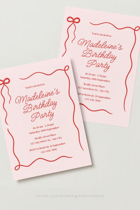 Pink Red Cute Coquette Bow Ribbon Kids Birthday Invitation Bow Invitation Template, Coquette Invitation Template, Bow Birthday Invitation, Canva Invitation Ideas, Coquette Birthday Invitation, Coquette Invitation, Kids Birthday Invitation Template, Bow Invitation, Red Coquette