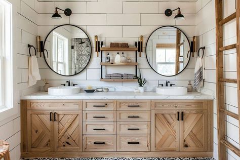 22 Stunning Modern Farmhouse Bathrooms to Inspire Your Refresh Modern Farmhouse Bathroom Vanities, Classic Tile Floor, Light Wood Bathroom Vanity, Modern Farmhouse Master Bath, Restoration Hardware Modern, Farmhouse Master Bath, Modern Farmhouse Bathrooms, Country Bathroom Vanities, Black Bathroom Mirror