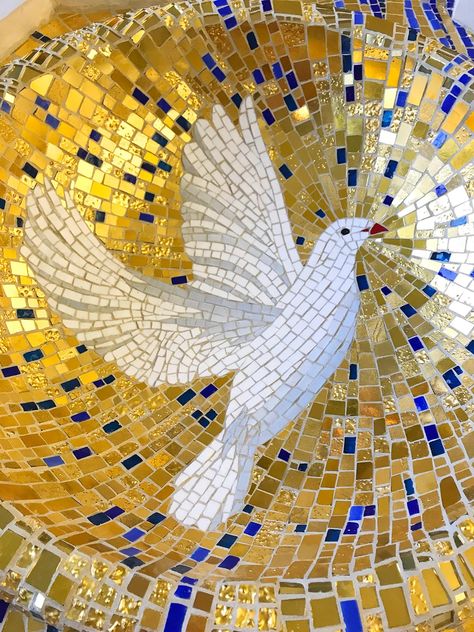 Sacred Heart University Chapel Baptismal Font | Modern Mosaic Arts Mosaic Birds Template, Christian Mosaic, Sacred Heart University, Baptismal Font, Modern Mosaic, Mosaic Animals, Mosaic Birds, Mosaic Art Projects, Modern Mosaics