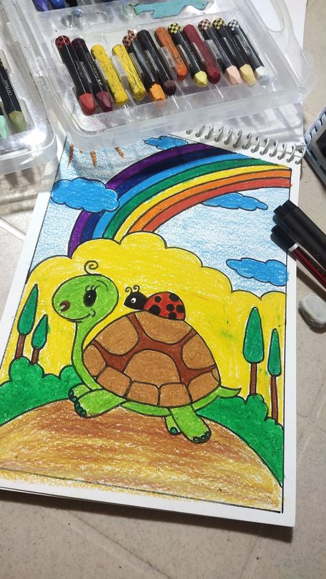 Oil pastels colour, A4 size sheet Pastel Colour Drawing Easy, Oil Pastel Colour Drawing Easy, Oil Pastel Crayons Drawing, Oil Pastel Drawing For Kids, Oil Pastel Art For Kids, Tortoise Drawing, Easy Scenery, Oil Pastel Crayons, Easy Scenery Drawing