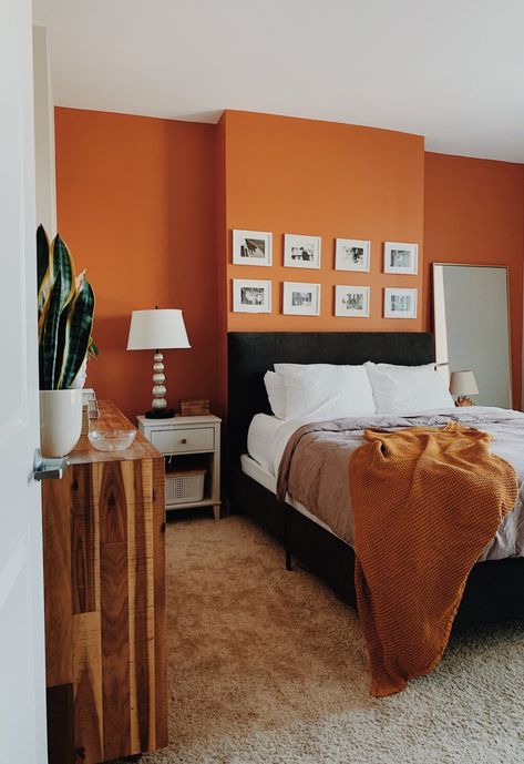 Describe your home’s style in 5 words or less: Cozy, Modern, Boho, Bold, Oasis Orange Accent Wall, Orange Bedroom Walls, Orange Accent Walls, Orange Rooms, Bedroom Orange, Bedroom Wall Colors, Bedroom Accent, Concrete Kitchen, Accent Wall Bedroom