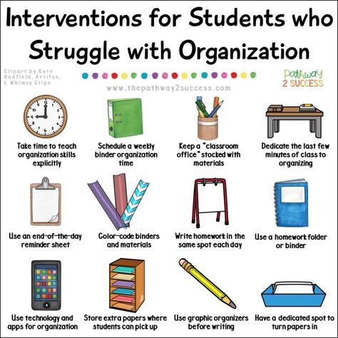 Over 20 interventions and supports for helping students who struggle with organization, a critical executive functioning skill necessary for success inside and outside of school. Strategies for kids and teens include activities that can be done at school and at home. Ideal for middle or high school teens. #executivefunctioning #studyskills #organization #pathway2success School Organization For Teens, High School Teen, Organizational Skills, High School Organization, Executive Function, Executive Functioning Skills, Behavior Interventions, School Social Work, Organization Skills