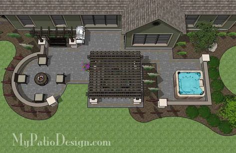 Relaxing Outdoor Living Design with Pergola and Hot Tub | Download Plan – MyPatioDesign.com Pergola Backyard, Patio Plan, Hot Tub Patio, Patio Plans, Backyard Layout, Patio Layout, Concrete Patios, Patio Steps, Hot Tub Backyard