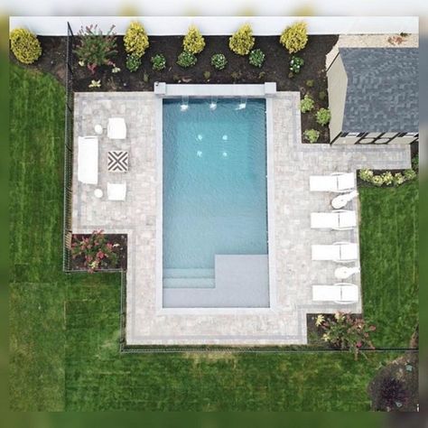 Best Rectangular Pool Designs, Big Yard With Pool, Rectangle Pool Ideas Inground, Inground Rectangle Pool Ideas, In Ground Rectangle Pools, Modern Rectangle Pool Design, Rectangular Swimming Pool Designs, Pool Grass Surround, Backyard Rectangle Pool