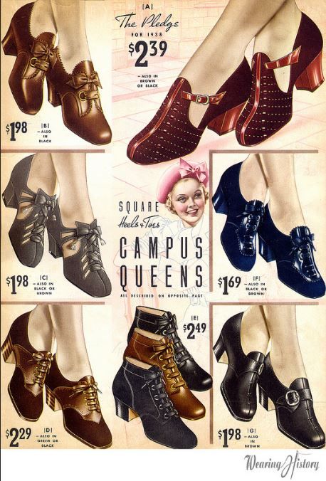 1938 shoes from wearinghistoryblog.com 1950s Women's Shoes, 1930s Shoes For Women, 1930 Accessories, 1930 Shoes, 1940 Shoes, 40s Shoes, 1938 Fashion, 1930s Shoes, 1950s Shoes