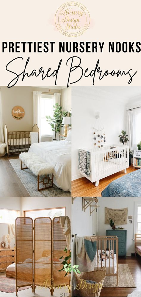 nursery nooks Nursery With Mom Bed, Room Sharing Nursery Ideas, Nursery Nook In Guest Room, Simple Apartment Nursery, Sharing Nursery With Parents, Nursery Section In Parents Room, Living Room Set Up For Newborn, Nursery In Studio Apartment, Nursery Ideas With Bed In Room