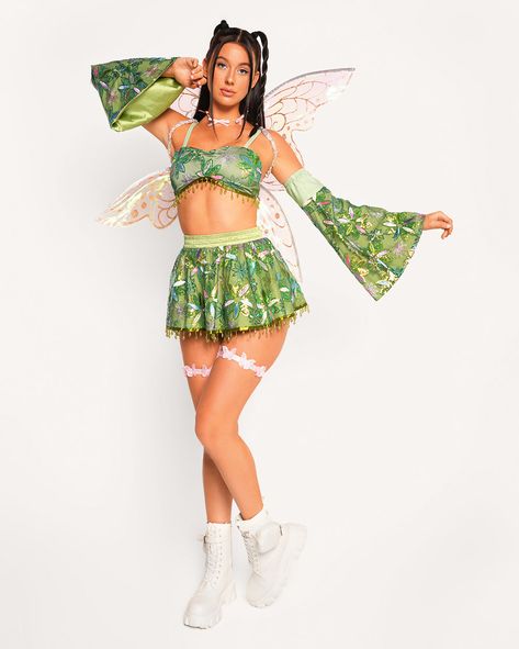 Tinker Bell Rave Outfit, Pixie Festival Outfit, Floral Festival Outfit, Fairycore Rave Outfit, Fairy Dance Costume, Rave Fit Ideas, Ethereal Rave Outfits, Mid Size Rave Outfits, Fairy Costume Black Women