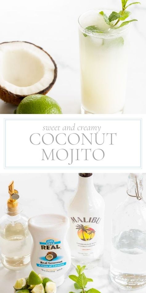 Just like a classic mojito, this version is filled with sweet and tart lime juice, simple syrup, mint and rum. However, it’s the addition of cream of coconut that takes it to a whole new level! A coconut mojito is a creamy, light and refreshing cocktail that is filled with the flavor of summer. Coconut Pineapple Mojito Recipe, Coconut Moscow Mule Recipe, Coconut Lime Mojito Recipe, Blueberry Coconut Mojito, Sweet Mojito Recipe, Cheesecake Factory Coconut Mojito, Coconut Milk Mojito, Coconut Mint Mojito, Coconut Cream Drink Recipes