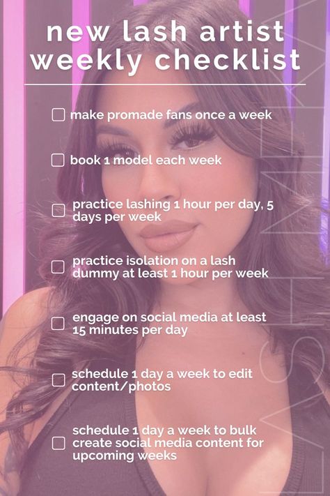 Lash Artist Checklist for Business Lash Training Kit Ideas, Lash Extensions Business Checklist, Lash Tech Certification, Lash Business Needs, Successful Lash Business, Lash Business Checklist, Successful Lash Business Aesthetic, Lash Tech Content Calendar, Being A Lash Tech