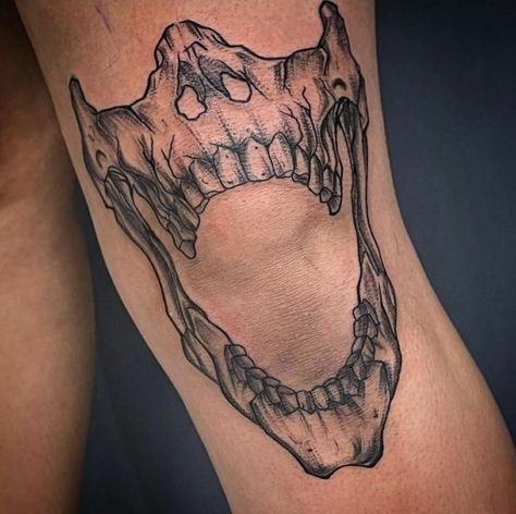 Skull Over Knee Tattoo, Bone Knee Tattoo, Knee Tattoo Men Skull, Skull Jaw Knee Tattoo, Jaw Knee Tattoos Women, Both Legs Tattoo, Jaws On Knee Tattoo, Skull Elbow Tattoo Men, Knee Skull Tattoo Men