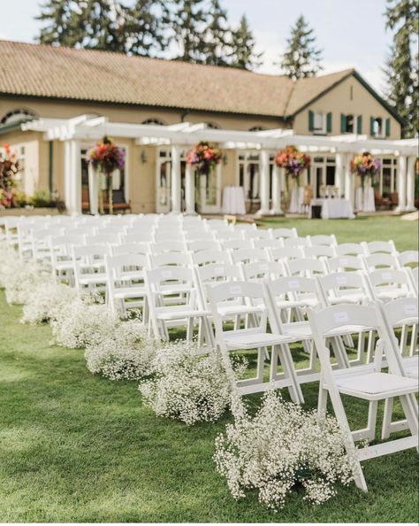 Isle Chair Decorations Wedding, White Wedding Chair Decorations, Ceremony Aisle Decorations, White Chair Ceremony, Small Aisle Arrangements, Wedding Decorations Aisle, Gypsophila Wedding Aisle, Baby Breath Down The Aisle, Baby Breathe Weddings