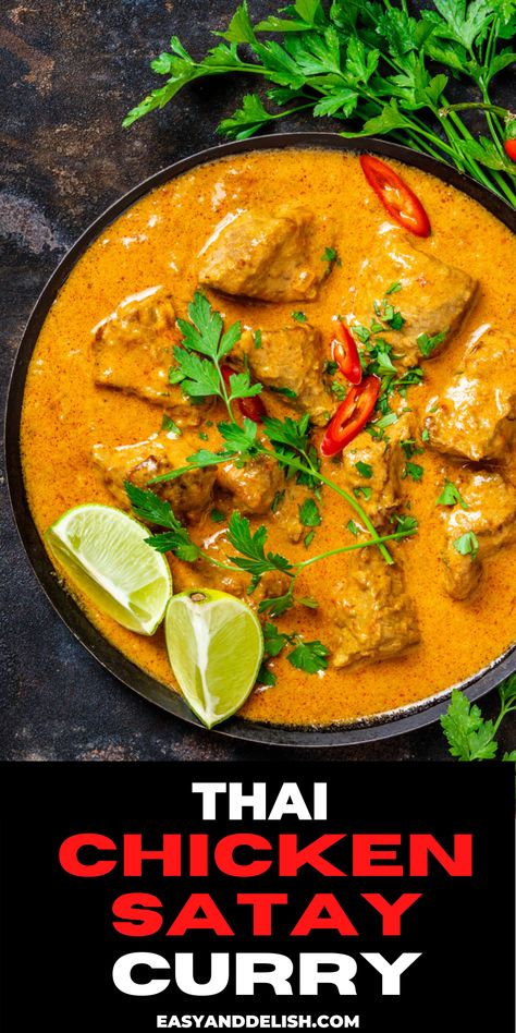 Crockpot Thai Curry Chicken, Thai Chicken Recipes Easy, Chicken Satay Dinner, Satay Chicken Curry Recipe, Satay Curry Recipe, Chicken Thai Curry Recipe, Chicken Satay Curry Recipe, Satay Chicken Curry, Thai Satay Chicken