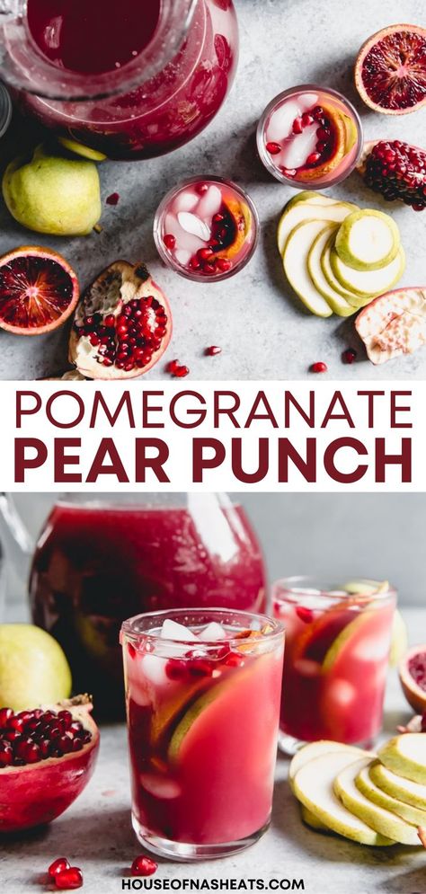 Pear Punch, Pear Drinks, Pomegranate Punch, Fruit Pomegranate, Pomegranate Drinks, Drinks Nonalcoholic, Thanksgiving Punch, Alcoholic Punch Recipes, Solstice Party