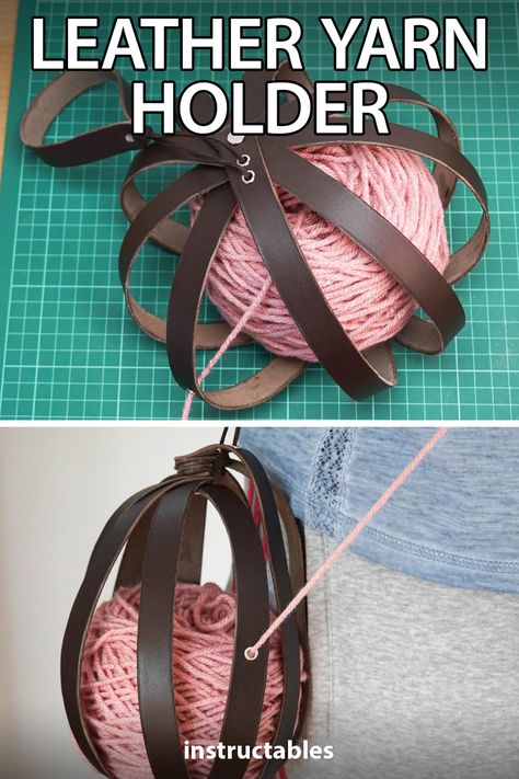 FernMakes shares how to make a leather yarn holder or portable knitting / crochet helper using leather strips. #Instructables #leatherworking #crafts #knitting #crochet Leather Diy Gifts For Men, Leatherworking Projects Ideas, No Sew Leather Projects, Leather Working Projects Ideas, Leather Work Projects, Beginner Leather Projects, Leather Workshop Ideas, Easy Leather Projects, Leather Diy Projects