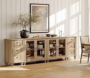 The 4-in-1 large buffet table can be used separately as two glass cabinets and two end tables. In addition to kitchen buffet cabinet, it can be used as entertainment center, console table, etc. Dimension of Glass Cabinet: 33.9"×15.7"×30.9"(L×W×H). Dimension of Side Table: 16.5"×15.7"×30.9"(L×W×H). They are sent separately in three packages, so you may receive them at different times. Coffee Bar Tables, Modern Farmhouse Sideboard, Tv Stand With Glass Doors, Kitchen Buffet Cabinet, Writing Room, Farmhouse Sideboard, Dining Ideas, Wood Tv Cabinet, Kitchen Buffet