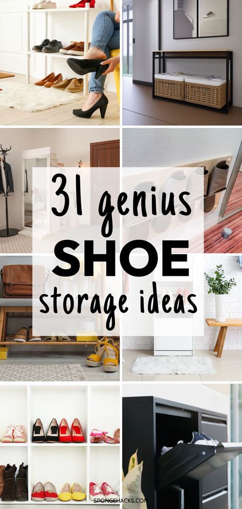 Shoe Storage No Closet, Organizing Shoes In Small Closet Storage, Shoe Storage For Guests, Narrow Closet Shoe Storage, Shoe Storage Ideas Mud Room, Cute Shoe Storage Ideas Entry Ways, Shoe Storage Ideas Living Room, Functional Shoe Storage, Small Apartment Shoe Storage Entry Ways