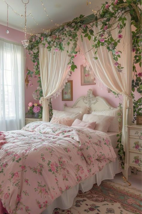 Bedroom Flower Aesthetic, Butterfly Inspired Bedroom, Fairy Princess Room Aesthetic, Floral Bed Frame, Whimsical Pink Bedroom, Butterfly Inspired Room, Rose Themed Room, Colorful Pastel Bedroom, Magical Room Ideas