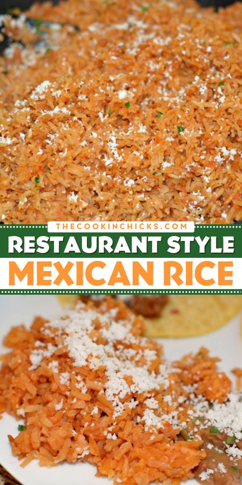 A must-have Cinco de Mayo side dish recipe - Restaurant Style Mexican Rice! The perfect pairing for any Mexican dish, this easy Mexican rice should absolutely be on your Cinco de Mayo dinner menu. You'll have friends and family going back for seconds! Best Mexican Dinner Recipes, Mexican Beans And Rice Authentic, Mexican Rice For 2, Side Dishes Mexican Food, Easy Cheap Mexican Meals, Mexican Meals For A Crowd, Mexican Style Food, Mexican Style Rice Recipes, Easy At Home Mexican Food