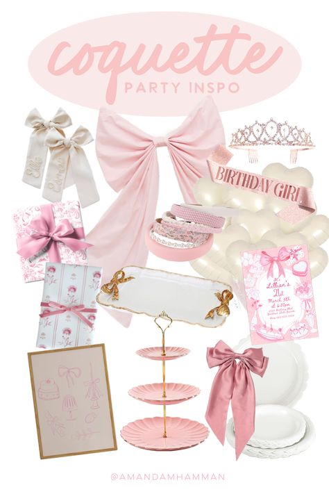 Coquette Birthday Party - amanda party + home Birthday Party Ideas Pink Theme, Vintage Pink Party Decor, Galentines Party Coquette, Pink Aesthetic Party Decor, Soft Birthday Party Ideas, Croquette Party Decor, Bridal Shower Coquette, Coquette Bridal Party, Girly Bday Party Ideas