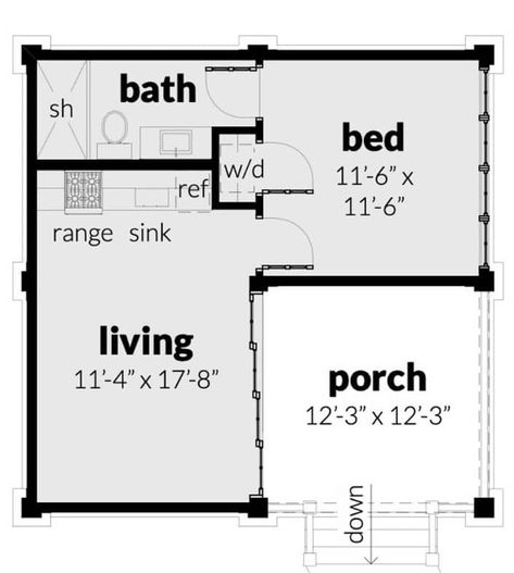 THE BEST ADU PLANS UNDER 500 SQ FT: TINY LIVING, BIG STYLE 18 500 Sq Ft House Plans, Adu Plans, Multigenerational House, Unique House Plans, Small Cottage Homes, Porch House Plans, Roof Beam, Home Insulation, Monster House Plans