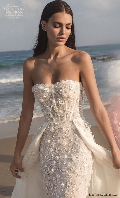 lee petra grebenau fall 2019 bridal strapless sweetheart neckline bustier full embellishment romantic a  line wedding dress overskirt mid back chapel train (3) zv -- Lee Petra Grebenau 2019 Wedding Dresses | Wedding Inspirasi #wedding #weddings #bridal #weddingdress #weddingdresses #bride #fashion  ~ Wedding Dress Overskirt, Lee Grebenau, Lee Petra Grebenau, Making A Wedding Dress, Berta Wedding Dress, A Line Wedding Dress, Chapel Train, Luxury Bridal, Best Wedding Dresses