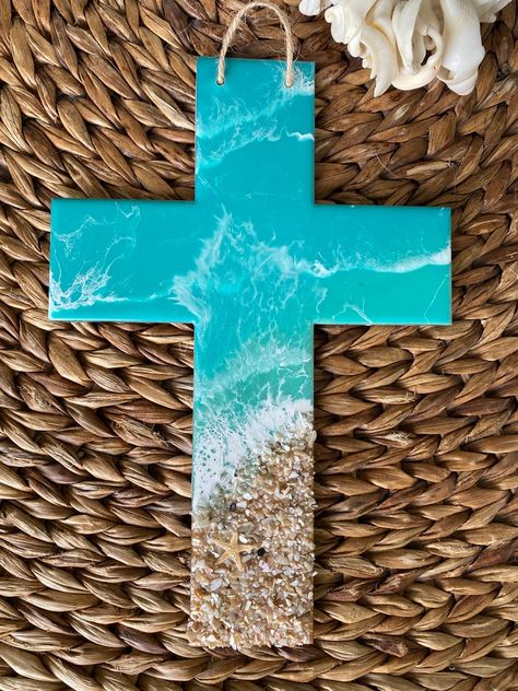 Resin Cross Coastal Cross Ocean Resin Christian Gift - Etsy Canada Resin Cross Ideas, Resin Cross, Cross Wood, Amazing Resin, Ocean Resin, Resin Ideas, Resin Design, Shell Beach, Sea Glass Art