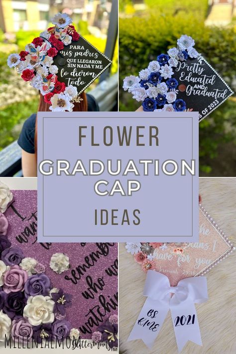 Flower inspired graduation cap ideas will make sure you stand out at your graduation. Flowers are great for any occasion and can be combined with pretty much any theme for your custom grad cap. grad cap ideas, grad cap inspo, floral gradutation caps, gratuation cap ideas, grad cap inspo, graduation (ad) Cap Inspo Graduation, Flower Grad Cap, Grad Cap Ideas, Flower Graduation Cap, Graduation Cap Ideas, Graduation Flowers, Cap Ideas, Graduation Cap Designs, Graduation Cap Decoration