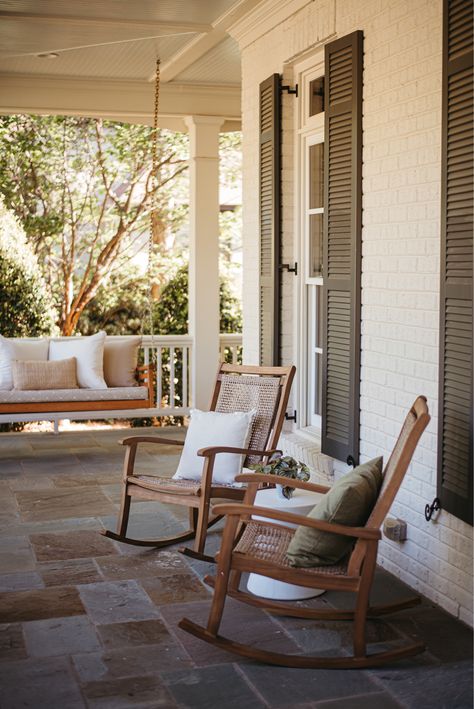 Front Patio Rocking Chairs, Front Porch Two Chairs, Outdoor Furniture For Front Porch, Wooden Rocking Chairs Front Porch, Craftsman Front Porch Furniture, Outdoor Rockers Rocking Chairs, Patio Rocking Chair, Outside Rocking Chair, Front Porch Chairs Ideas Modern