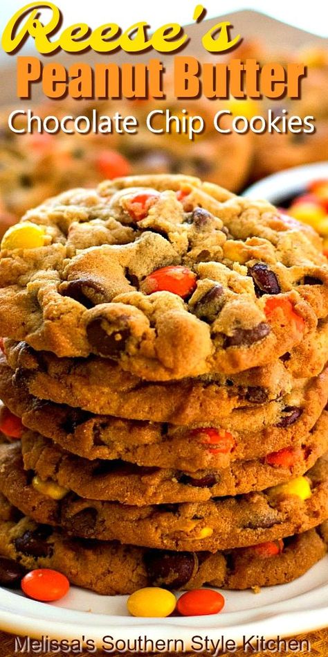 Triple Peanut Butter Cookies, Recees Peanut Butter Cookies, Reese’s Peanut Butter Cookies, Reeses Peanut Butter Cookies, Cookies Reeses, Reese's Pieces Cookies, Reeses Cookies, Peanut Butter Chip Cookies, Peanut Butter Chocolate Chip Cookies