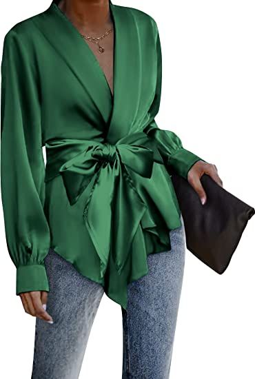 Amazon.com: ACEVOG Women's Satin Blouse Wrap Tie Waist or Open Front Shirt Silk Drape Dressy Long Sleeve Top : Clothing, Shoes & Jewelry Tie Front Top Pattern, Work Cardigan, Satin Wrap Top, Chiffon Shirt Blouse, Silk Blazer, Silk Cardigan, Wrap Shirt, Drape Cardigan, Elegant Blouses