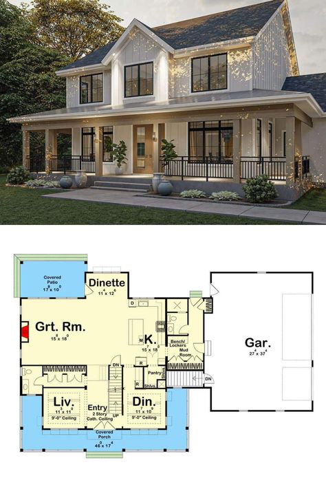 Two Floor House Plans 4 Bedroom, Two Story House With Porch, Two Story House With Wrap Around Porch, Wrap Around Front Porch Ideas, Farmhouse Style House Plans Two Story, Architectural House Plans 2 Story, Four Bedroom House Plans Farmhouse, Simple 2 Story Farmhouse Plans, New House Plans 2 Story