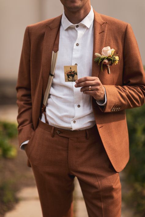 Maxim is wearing a 2 piece rust brown suit Rustic Groomsmen Attire, Wedding Groomsmen Attire, Groom And Groomsmen Suits, Made To Measure Suits, Mens Wedding Attire, Brown Suit, Brown Wedding, Let's Get Married, Wedding Groomsmen