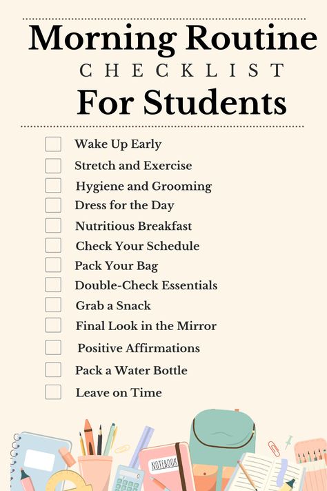 Students Morning Routine, Morning Checklist For Students, Morning Routine University Student, Routine Planner For Students, School Morning Routine For Kids, Day Routine For Students, Morning Routine Student, Morning Check In For Students, Daily Routine Schedule For Students